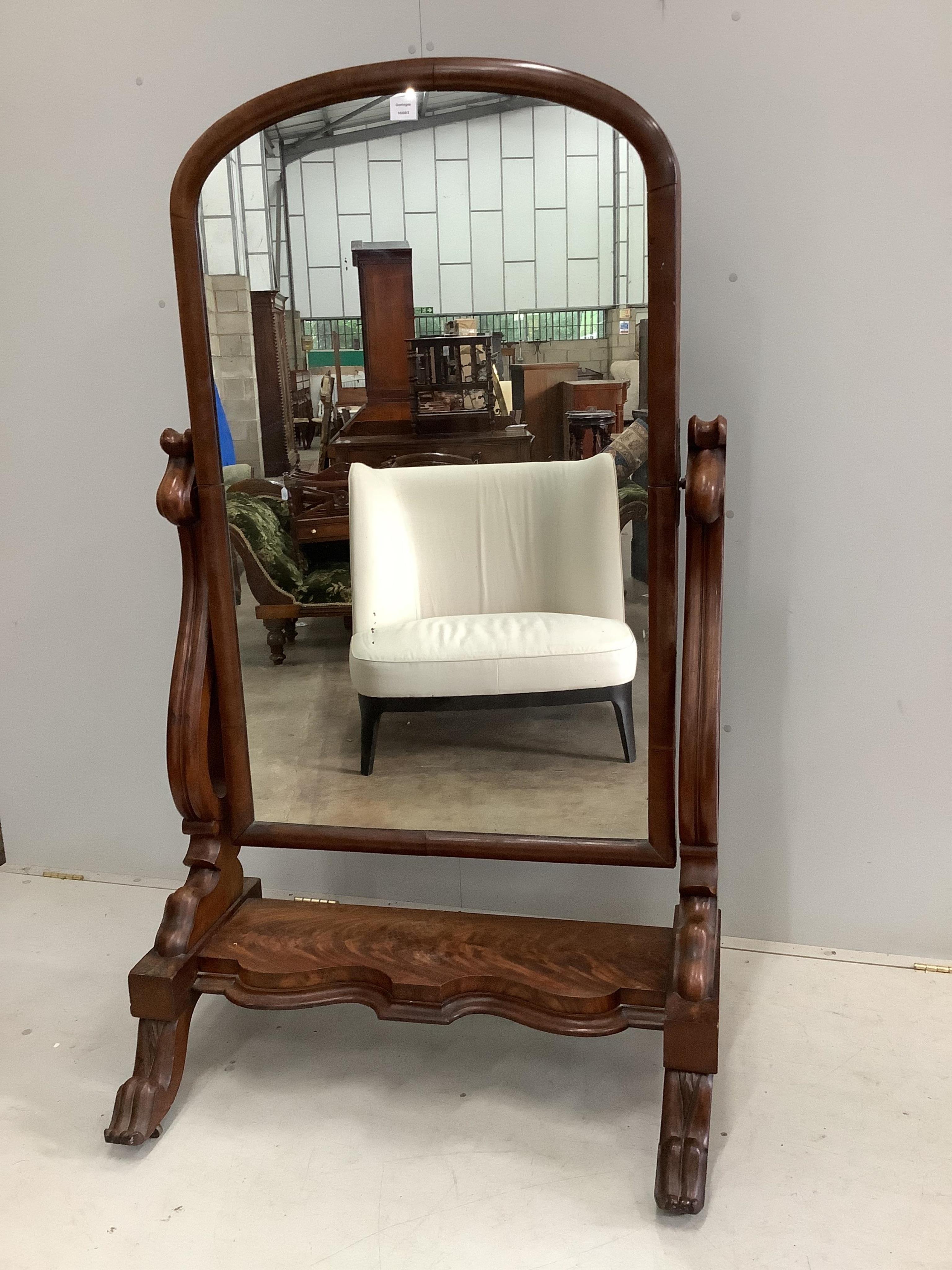 A Victorian mahogany cheval mirror, width 96cm, height 160cm